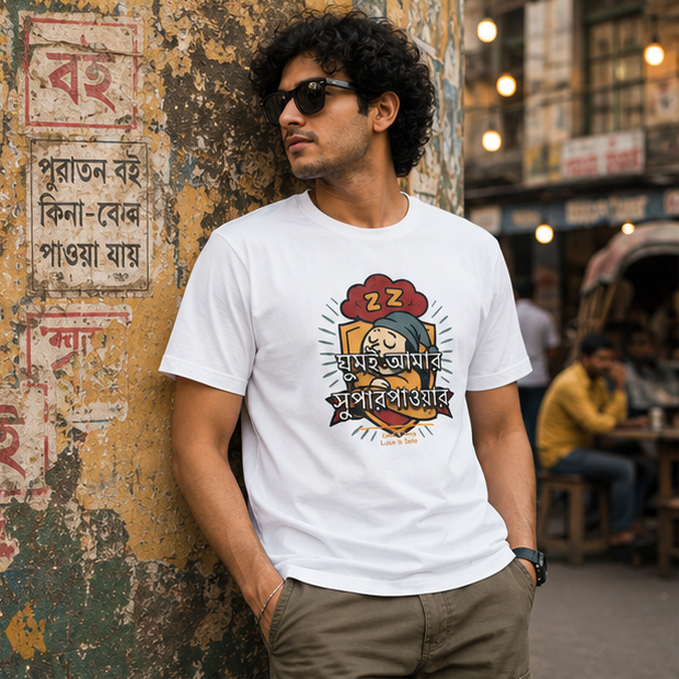 LUCE & SETE GPT mockup 1 - Sleep is My Superpower Graphic T-Shirt for Men & Women | Bengali Streetwear Statement - 377_9388126535917_unisex-stretch-t-shirt-109_BENGALI_GRID_20260601_144750_01_row1_col1.png