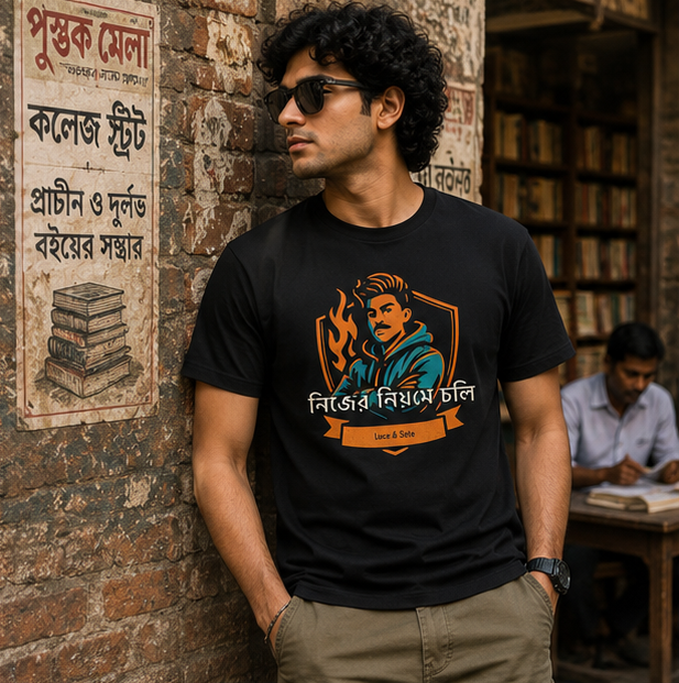 LUCE & SETE GPT mockup 1 - নিজের নিয়মে চলি Graphic T-Shirt for Men & Women | Bold Bengali Streetwear - 378_9388126470381_unisex-stretch-t-shirt-107_BENGALI_GRID_20260601_145057_01_row1_col1.png