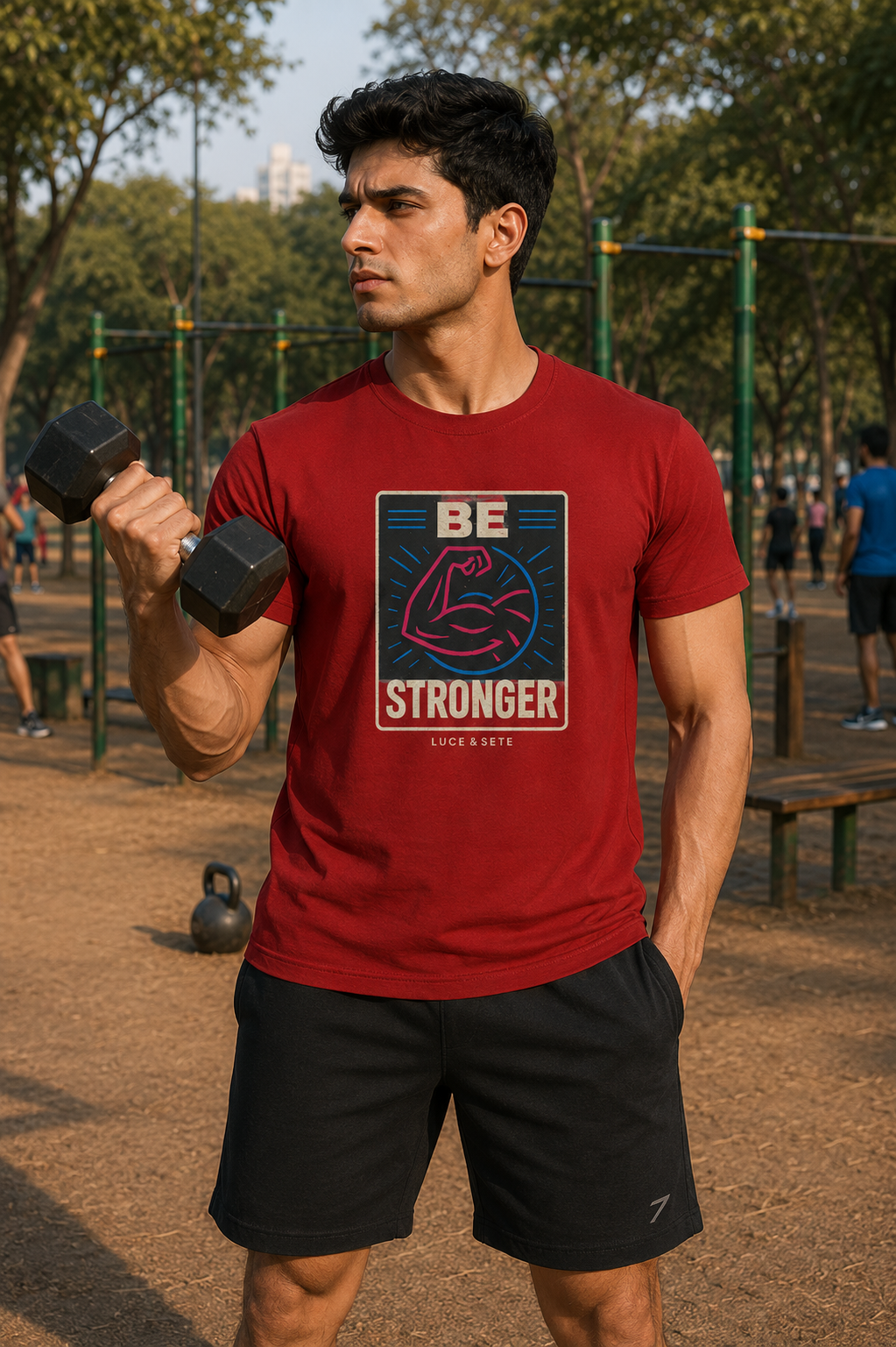 LUCE & SETE GPT mockup 1 - Be Stronger Motivational Graphic T-Shirt for Men & Women | Fitness Discipline Streetwear - 400_9388311576813_unisex-stretch-t-shirt-136_NO_EXCUSES_front_HERO_20260601_220355.png