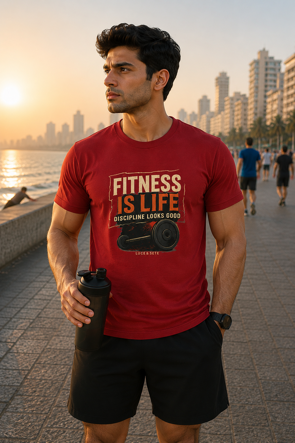 LUCE & SETE GPT mockup 1 - Fitness Is Life Graphic T-Shirt for Men & Women | Discipline Streetwear - 400_9388319310061_unisex-stretch-t-shirt-138_NO_EXCUSES_front_HERO_20260601_220930.png