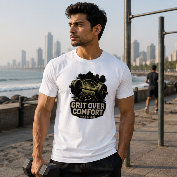 LUCE & SETE GPT mockup 1 - Grit Over Comfort Graphic T-Shirt for Men & Women | Fitness Motivation Streetwear - 405_9388311511277_unisex-stretch-t-shirt-135_NO_EXCUSES_GRID_20260601_221037_01_row1_col1.png