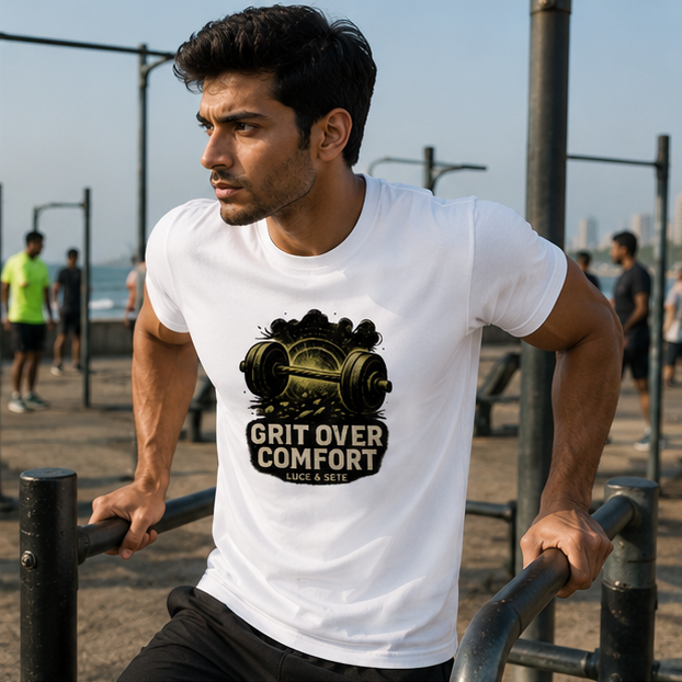 LUCE & SETE GPT mockup 1 - Grit Over Comfort Graphic T-Shirt for Men & Women | Fitness Motivation Streetwear - 405_9388311511277_unisex-stretch-t-shirt-135_NO_EXCUSES_GRID_20260601_221037_02_row1_col2.png