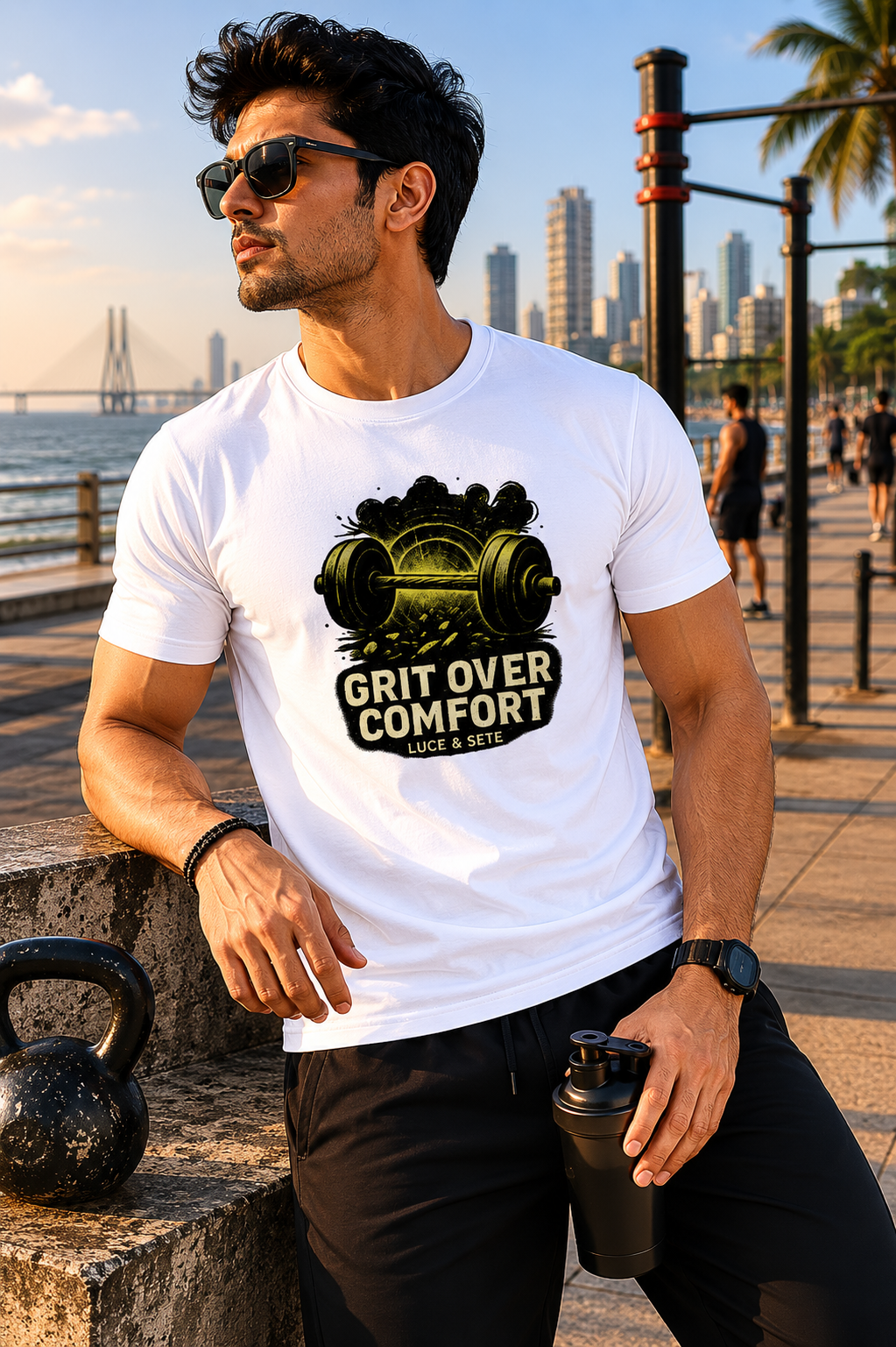 LUCE & SETE GPT mockup 1 - Grit Over Comfort Graphic T-Shirt for Men & Women | Fitness Motivation Streetwear - 405_9388311511277_unisex-stretch-t-shirt-135_NO_EXCUSES_front_HERO_20260601_221151.png