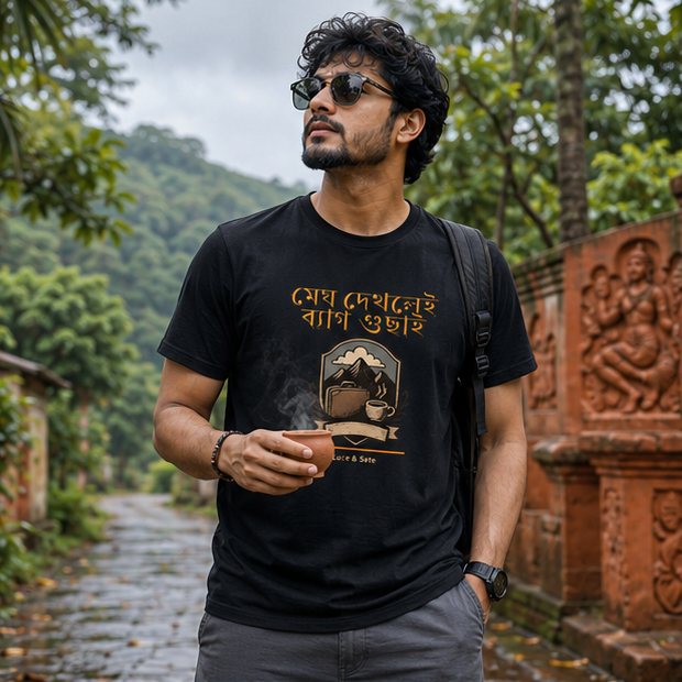 LUCE & SETE GPT mockup 1 - মেঘ দেখলেই ব্যাগ গুছাই Graphic T-Shirt for Men & Women | Bengali Travel Streetwear - 440_9389663781101_unisex-stretch-t-shirt-148_BENGALI_GRID_20260602_092111_01_row1_col1.png