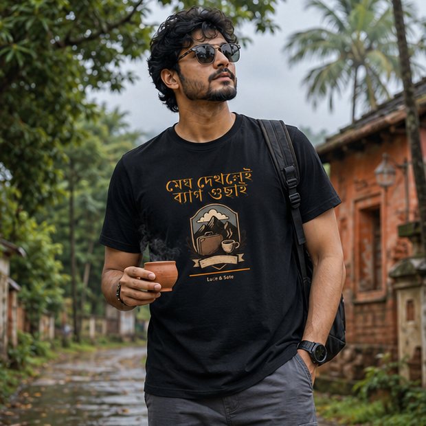 LUCE & SETE GPT mockup 1 - মেঘ দেখলেই ব্যাগ গুছাই Graphic T-Shirt for Men & Women | Bengali Travel Streetwear - 440_9389663781101_unisex-stretch-t-shirt-148_BENGALI_GRID_20260602_092111_02_row1_col2.png