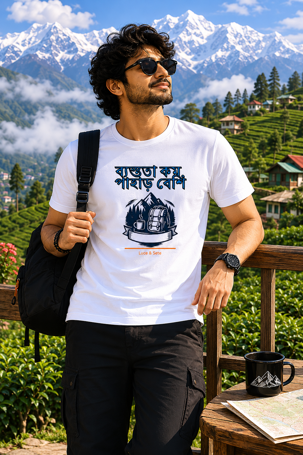LUCE & SETE GPT mockup 1 - ব্যস্ততা কম পাহাড় বেশি Graphic T-Shirt for Men & Women | Bengali Travel Freedom Streetwear - 442_9389663486189_unisex-stretch-t-shirt-145_BENGALI_front_HERO_20260602_093201.png