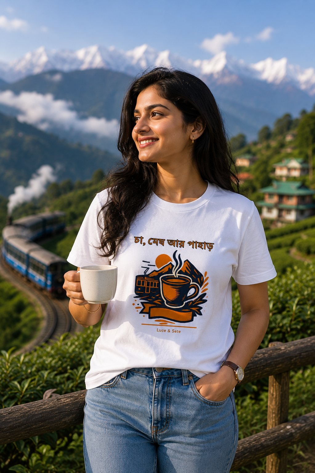 LUCE & SETE GPT mockup 1 - চা, মেঘ আর পাহাড় Graphic T-Shirt for Men & Women | Bengali Nature Streetwear - 445_9389665911021_unisex-stretch-t-shirt-152_BENGALI_front_HERO_20260602_093852.png