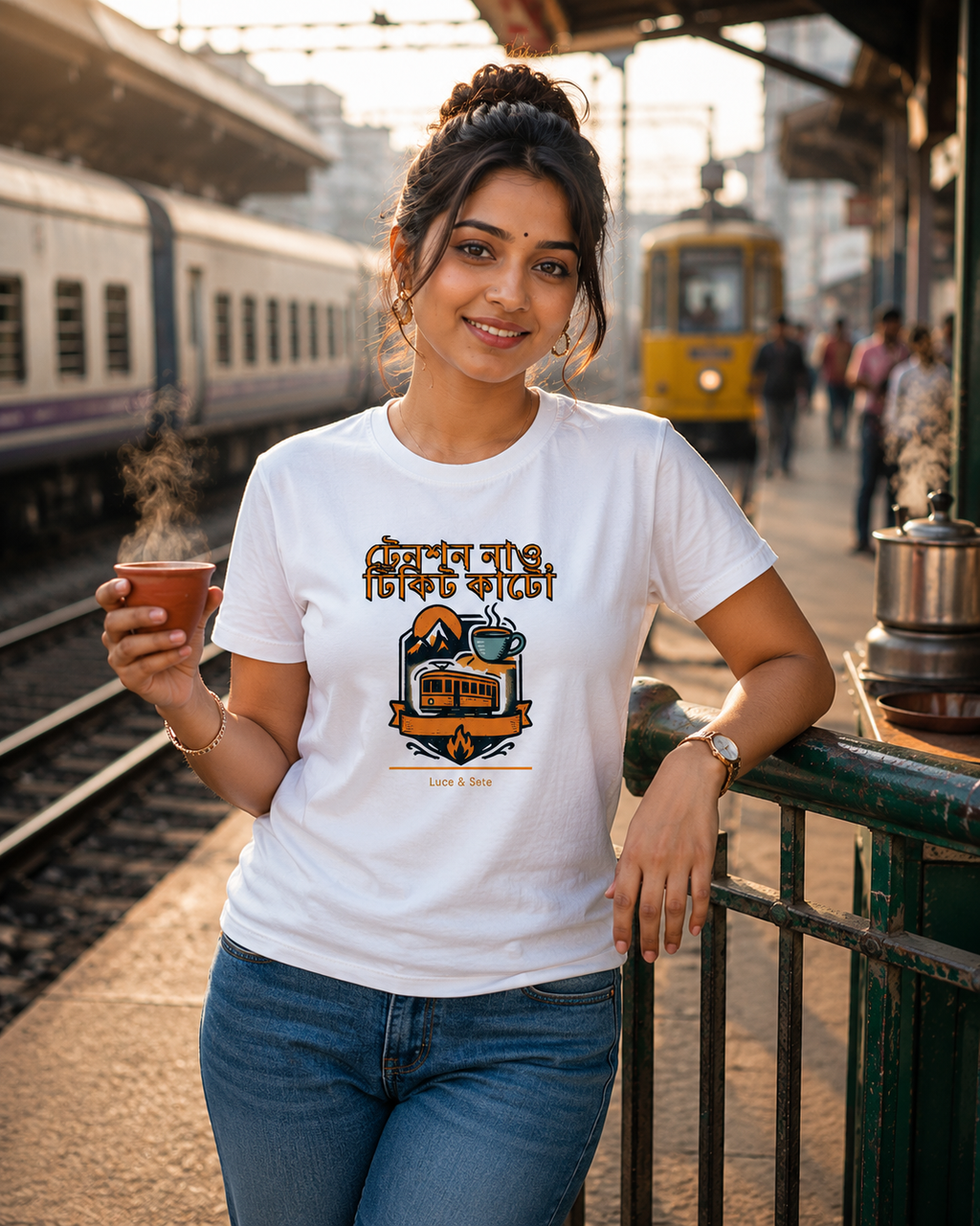 LUCE & SETE GPT mockup 1 - ট্রেনশন নাও টিকিট কাটো Graphic T-Shirt for Men & Women | Bengali Travel Streetwear - 450_9389700350189_unisex-stretch-t-shirt-159_BENGALI_front_HERO_20260602_103609.png