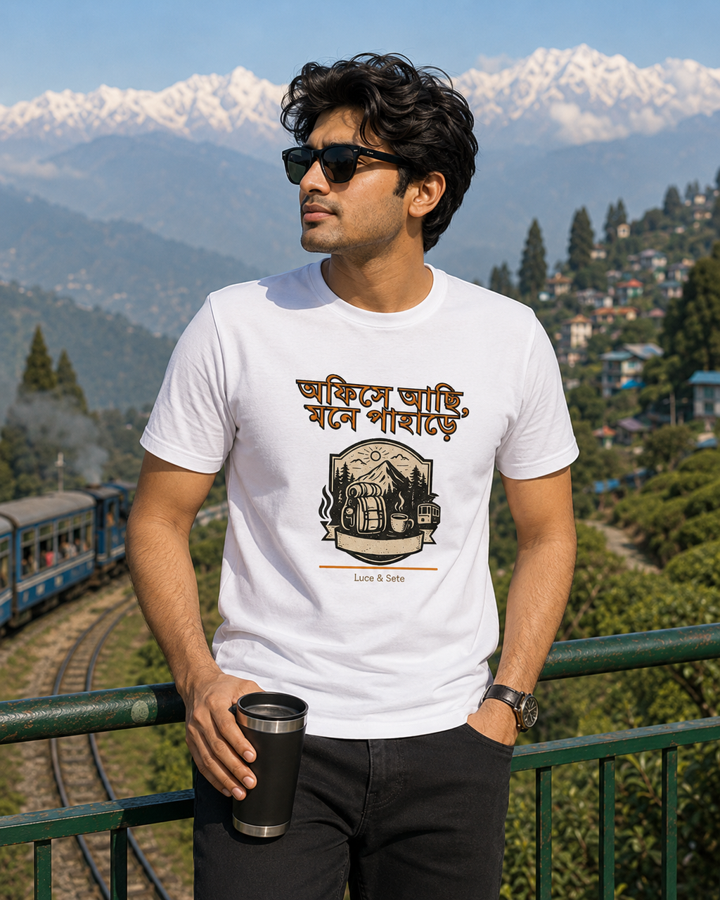 LUCE & SETE GPT mockup 1 - অফিসে আছি, মনে পাহাড়ে Graphic T-Shirt for Men & Women | Bengali Travel Streetwear - 452_9389700940013_unisex-stretch-t-shirt-163_BENGALI_front_HERO_20260602_104236.png