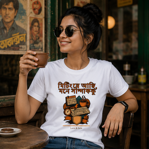 LUCE & SETE GPT mockup 1 - মিটিংয়ে আছি, মনে সান্ডাক্কু Graphic T-Shirt for Men & Women | Bengali Work Humor Streetwear - 455_9389700481261_unisex-stretch-t-shirt-160_BENGALI_GRID_20260602_104924_01_row1_col1.png
