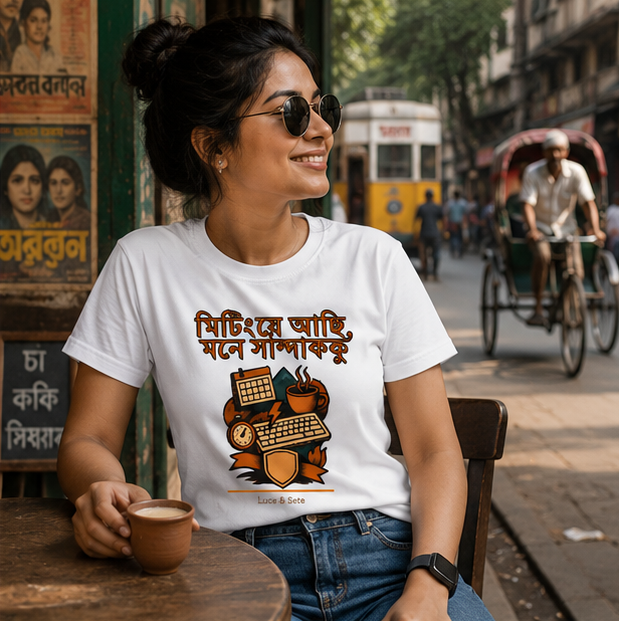 LUCE & SETE GPT mockup 1 - মিটিংয়ে আছি, মনে সান্ডাক্কু Graphic T-Shirt for Men & Women | Bengali Work Humor Streetwear - 455_9389700481261_unisex-stretch-t-shirt-160_BENGALI_GRID_20260602_104924_02_row1_col2.png