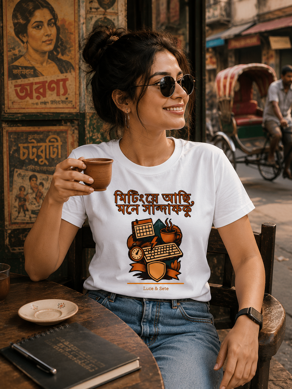 LUCE & SETE GPT mockup 1 - মিটিংয়ে আছি, মনে সান্ডাক্কু Graphic T-Shirt for Men & Women | Bengali Work Humor Streetwear - 455_9389700481261_unisex-stretch-t-shirt-160_BENGALI_front_HERO_20260602_105050.png