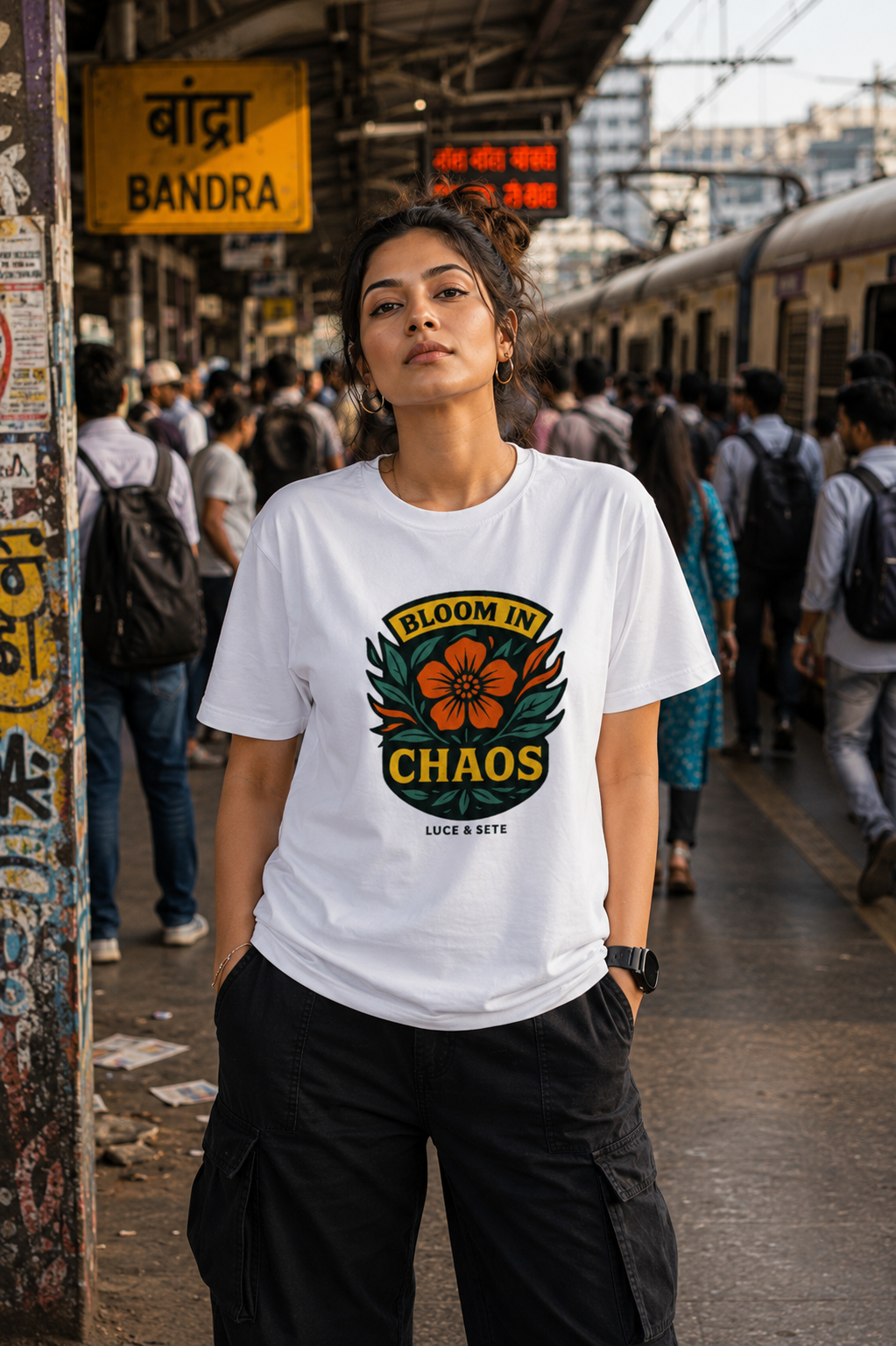 LUCE & SETE GPT mockup 1 - Bloom in Chaos Graphic T-Shirt for Men & Women | Empowerment Streetwear - 470_9389894631661_unisex-stretch-t-shirt-164_BUILD_DIFF_front_HERO_20260602_195317.png