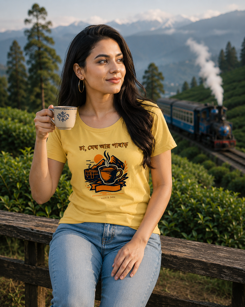 LUCE & SETE GPT mockup 1 - Tea Sage and Mountains Classic Graphic T-Shirt for Women | Bengali Cozy Streetwear - 470_9391315779821_womens-classic-t-shirt-41_BENGALI_front_HERO_20260604_232309.png