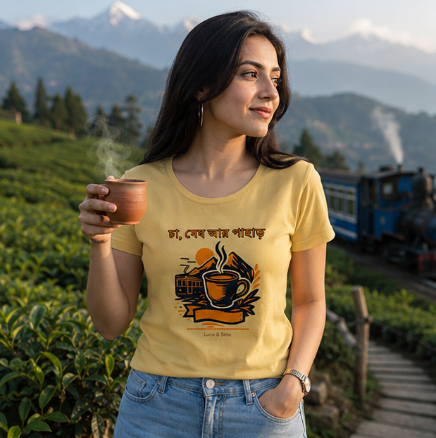LUCE & SETE GPT mockup 1 - চা, মেঘ আর পাহাড় Classic Graphic T-Shirt for Women | Bengali Tea Culture Statement - 470_9391315812589_womens-classic-t-shirt-42_BENGALI_GRID_20260604_232451_01_row1_col1.png