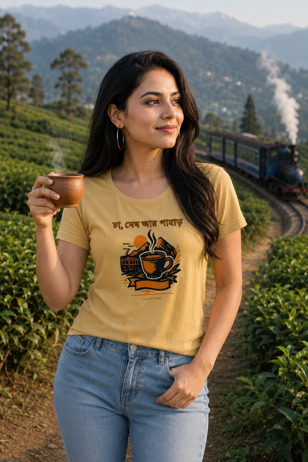 LUCE & SETE GPT mockup 1 - চা, মেঘ আর পাহাড় Classic Graphic T-Shirt for Women | Bengali Tea Culture Statement - 470_9391315812589_womens-classic-t-shirt-42_BENGALI_front_HERO_20260604_232656.png