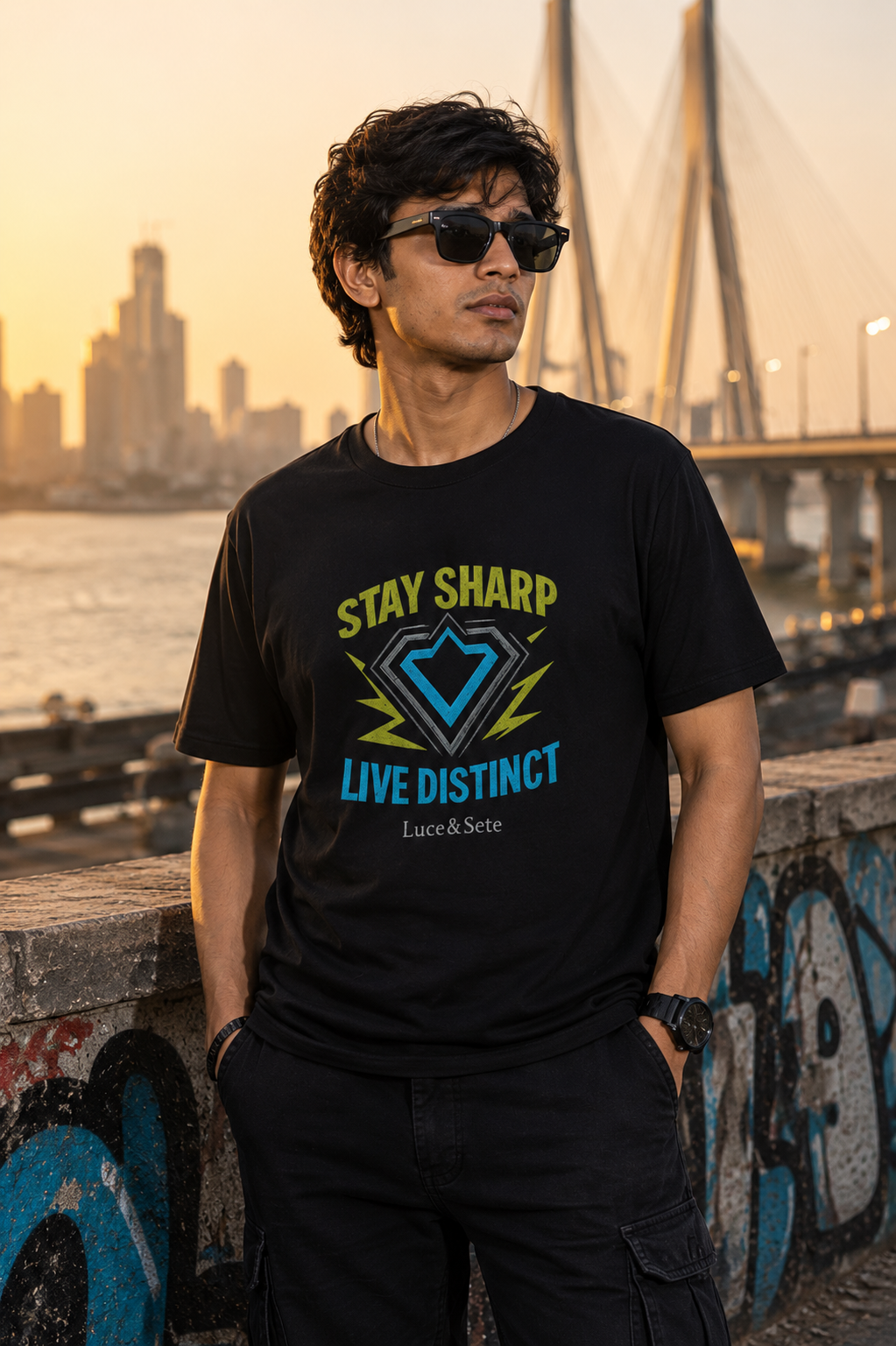 LUCE & SETE GPT mockup 1 - Stay Sharp Live Distinct Graphic T-Shirt for Men & Women | Bold Streetwear Statement - 471_9389896138989_unisex-stretch-t-shirt-173_BUILD_DIFF_front_HERO_20260602_195814.png