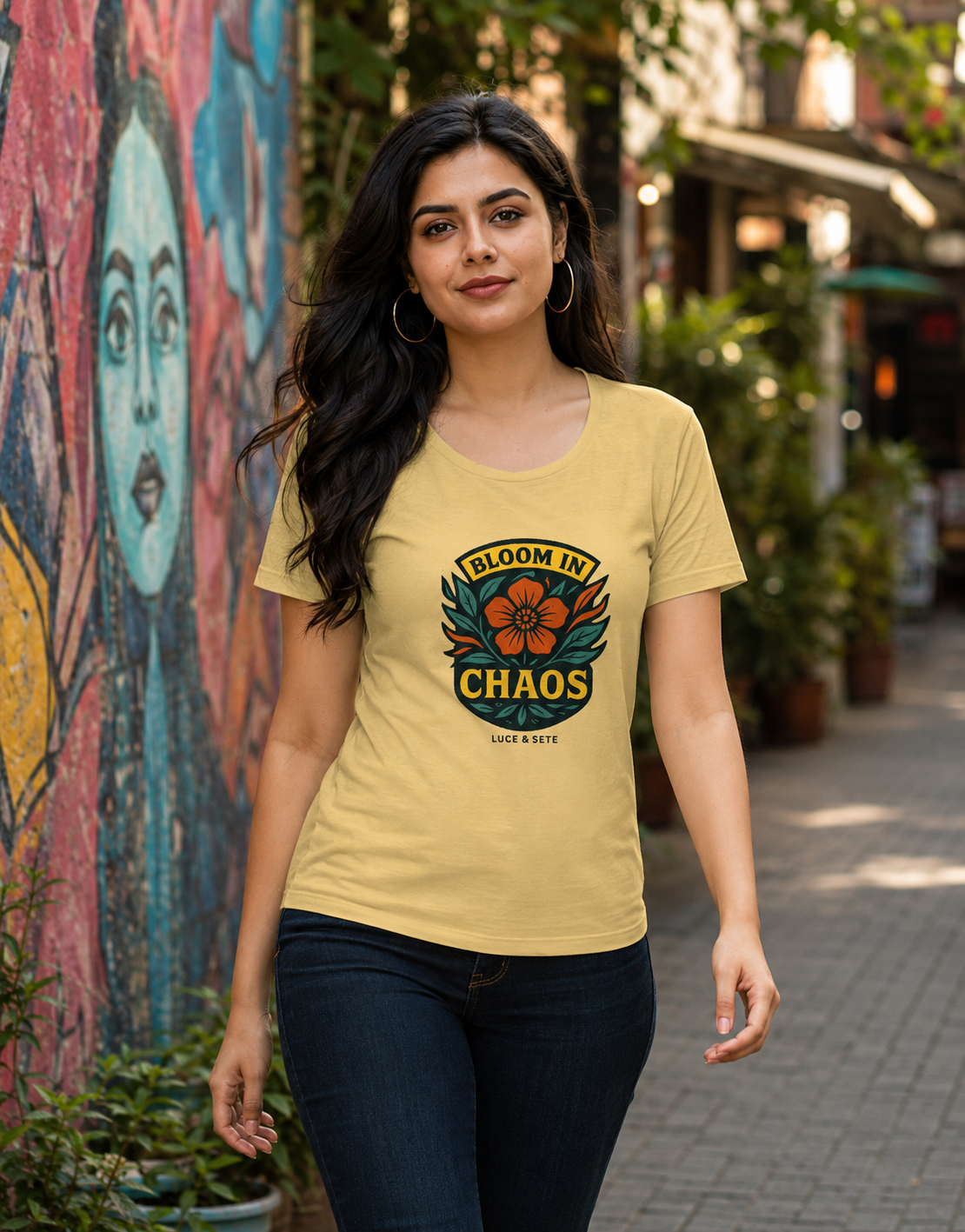 LUCE & SETE GPT mockup 1 - Bloom in Chaos Classic Graphic T-Shirt for Women | Empowerment Streetwear - 476_9390870397165_womens-classic-t-shirt-2_TRAVEL_front_HERO_20260604_105535.png