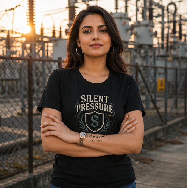 LUCE & SETE GPT mockup 1 - Silent Pressure Shield Classic Graphic T-Shirt for Women | Empowerment Streetwear - 476_9390870724845_womens-classic-t-shirt-4_TRAVEL_GRID_20260604_075250_01_row1_col1.png