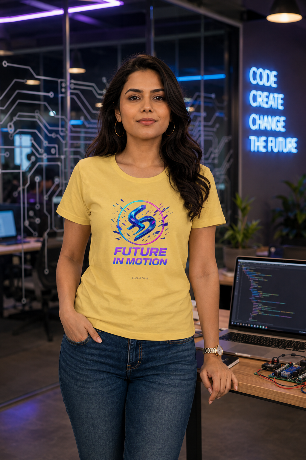 LUCE & SETE GPT mockup 1 - Future in Motion Classic Graphic T-Shirt for Women | Empowered Streetwear - 476_9390870855917_womens-classic-t-shirt-5_TRAVEL_front_HERO_20260604_075751.png