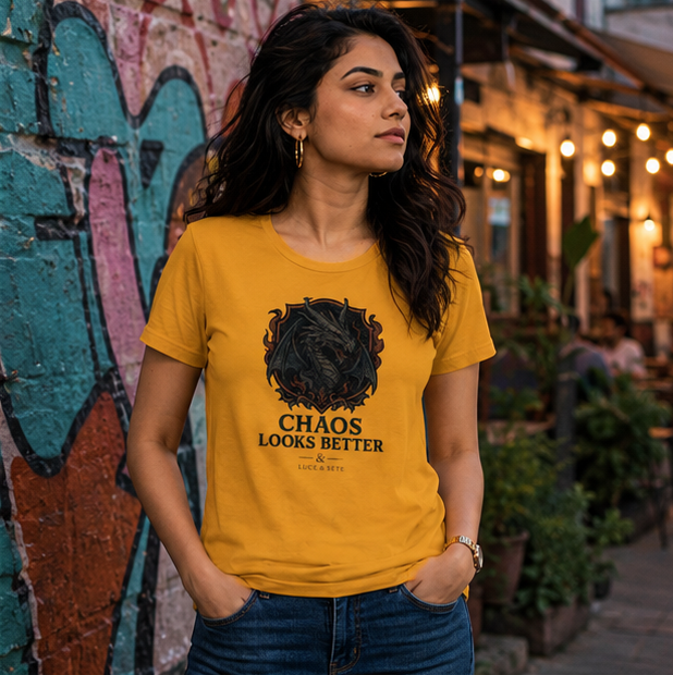 LUCE & SETE GPT mockup 1 - Chaos Looks Better Classic Graphic T-Shirt for Women | Bold Attitude Streetwear - 476_9390871019757_womens-classic-t-shirt-7_TRAVEL_GRID_20260604_080207_02_row1_col2.png
