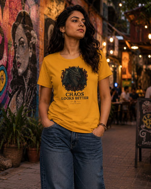 LUCE & SETE GPT mockup 1 - Chaos Looks Better Classic Graphic T-Shirt for Women | Bold Attitude Streetwear - 476_9390871019757_womens-classic-t-shirt-7_TRAVEL_front_HERO_20260604_080400.png