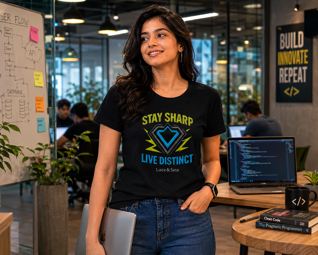 LUCE & SETE GPT mockup 1 - Stay Sharp Live Distinct Classic Graphic T-Shirt for Women | Motivational Streetwear - 476_9390871445741_womens-classic-t-shirt-12_TRAVEL_front_HERO_20260604_080918.png