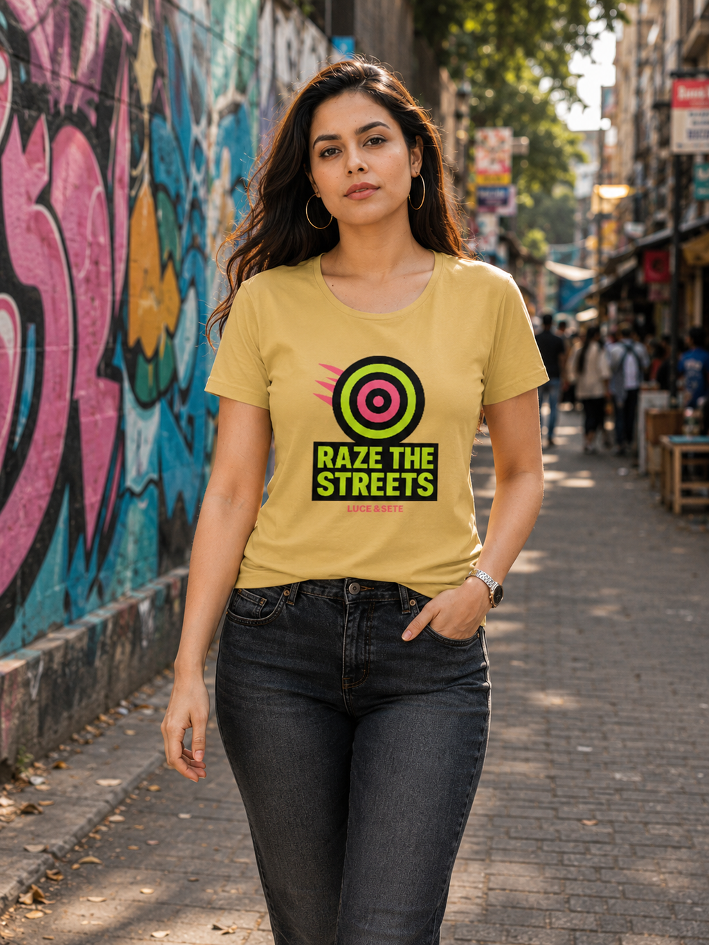 LUCE & SETE GPT mockup 1 - Raze The Streets Classic Graphic T-Shirt for Women | Bold Urban Streetwear - 476_9390871937261_womens-classic-t-shirt-16_TRAVEL_front_HERO_20260604_005237.png