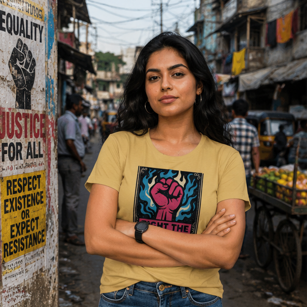 LUCE & SETE GPT mockup 1 - Fight The Power Classic Graphic T-Shirt for Women | Empowerment Statement T-Shirt - 476_9390893957357_womens-classic-t-shirt-28_TRAVEL_GRID_20260604_010825_01_row1_col1.png