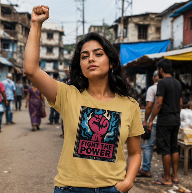 LUCE & SETE GPT mockup 1 - Fight The Power Classic Graphic T-Shirt for Women | Empowerment Statement T-Shirt - 476_9390893957357_womens-classic-t-shirt-28_TRAVEL_GRID_20260604_010825_02_row1_col2.png