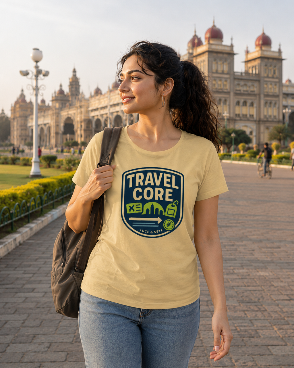 LUCE & SETE GPT mockup 1 - Travel Core Classic Graphic T-Shirt for Women | Adventure & Freedom Streetwear - 476_9390894121197_womens-classic-t-shirt-30_TRAVEL_front_HERO_20260604_081923.png