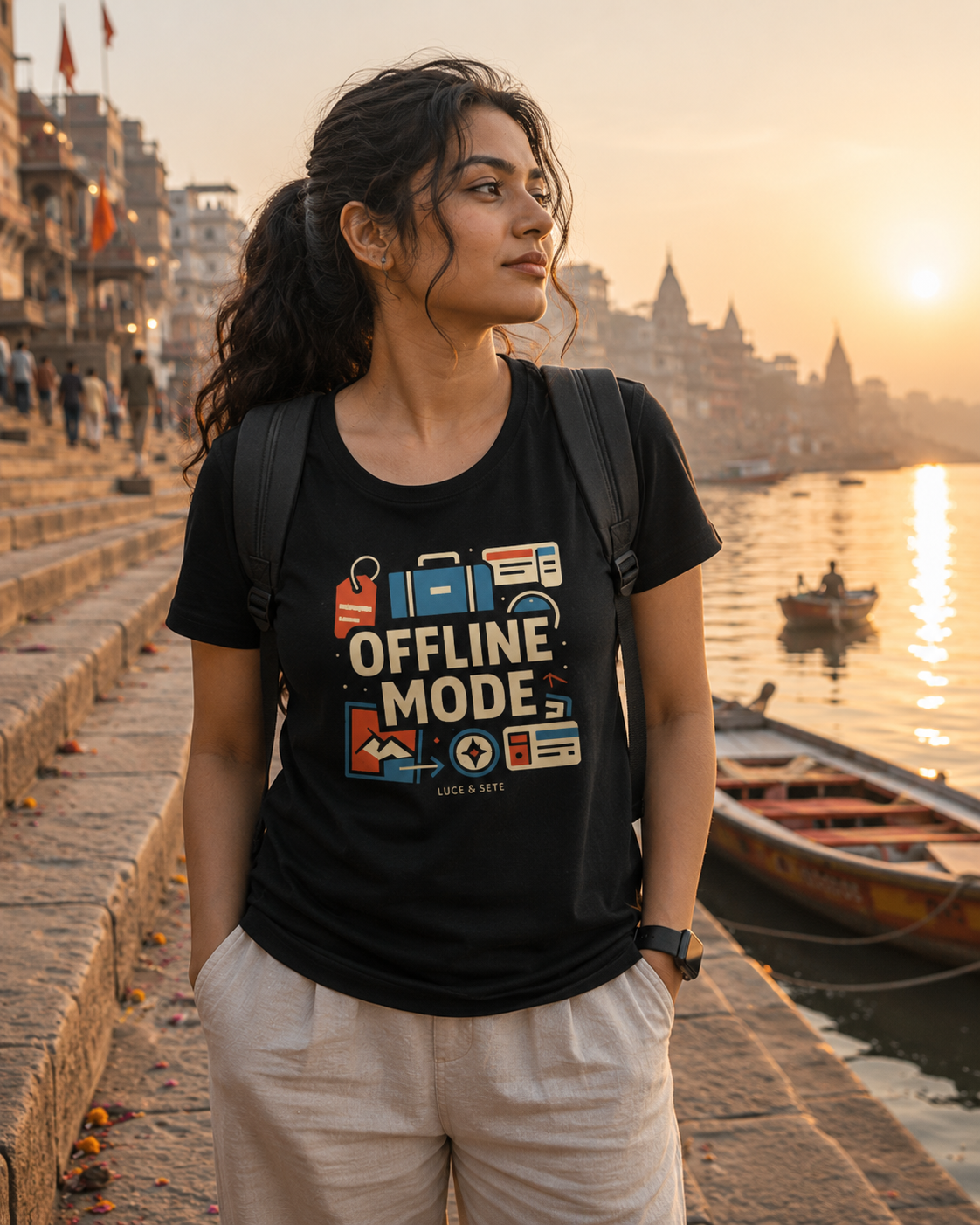 LUCE & SETE GPT mockup 1 - Offline Mode Classic Graphic T-Shirt for Women | Travel Freedom Streetwear - 476_9390894809325_womens-classic-t-shirt-33_TRAVEL_front_HERO_20260604_011451.png