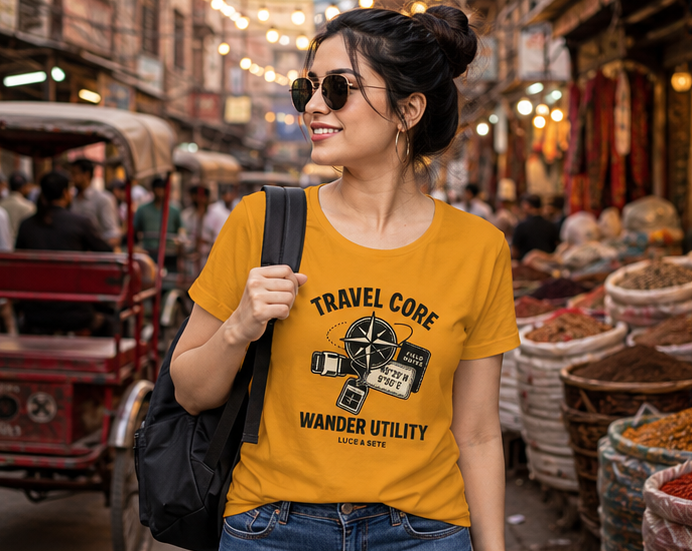 LUCE & SETE GPT mockup 1 - Travel Core Wander Utility Classic Graphic T-Shirt for Women | Travel Freedom Streetwear - 476_9390895169773_womens-classic-t-shirt-35_TRAVEL_GRID_20260604_115406_01_row1_col1.png