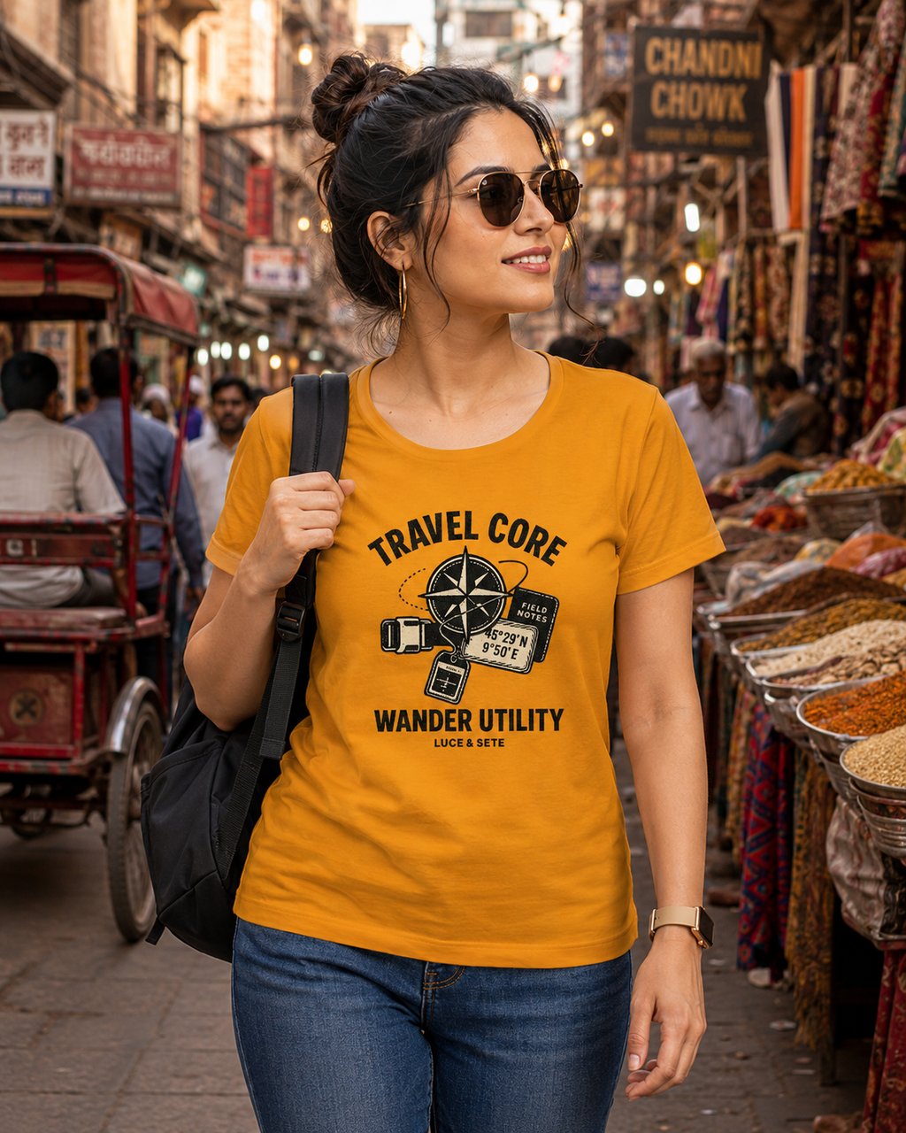 LUCE & SETE GPT mockup 1 - Travel Core Wander Utility Classic Graphic T-Shirt for Women | Travel Freedom Streetwear - 476_9390895169773_womens-classic-t-shirt-35_TRAVEL_front_HERO_20260604_115535.png