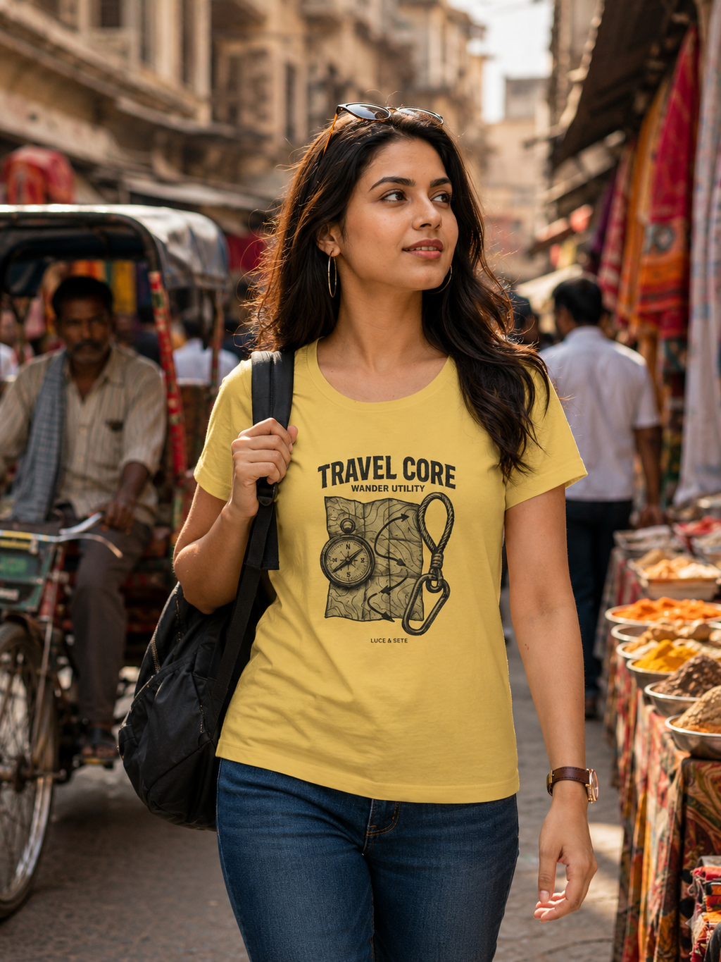 LUCE & SETE GPT mockup 1 - Travel Core Classic Graphic T-Shirt for Women | Adventure Streetwear - 476_9390895431917_womens-classic-t-shirt-37_TRAVEL_front_HERO_20260604_130439.png