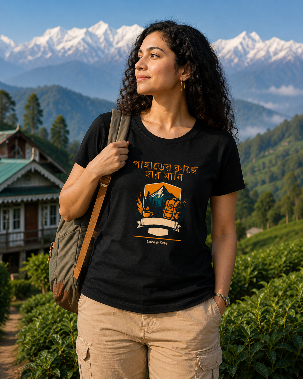 LUCE & SETE GPT mockup 1 - পাহাড়ের কাছে হার মানি Classic Graphic T-Shirt for Women | Bengali Travel Statement - 476_9391316107501_womens-classic-t-shirt-48_BENGALI_front_HERO_20260605_001615.png