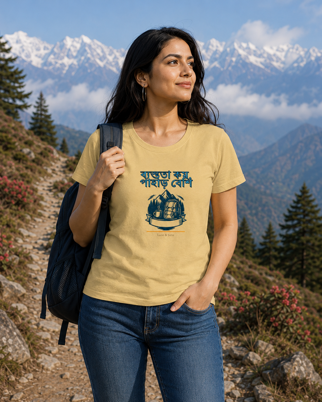 LUCE & SETE GPT mockup 1 - ব্যস্ততা কম পাহাড় বেশি Classic Graphic T-Shirt for Women | Travel Freedom Streetwear - 476_9391316205805_womens-classic-t-shirt-50_BENGALI_front_HERO_20260605_063549.png