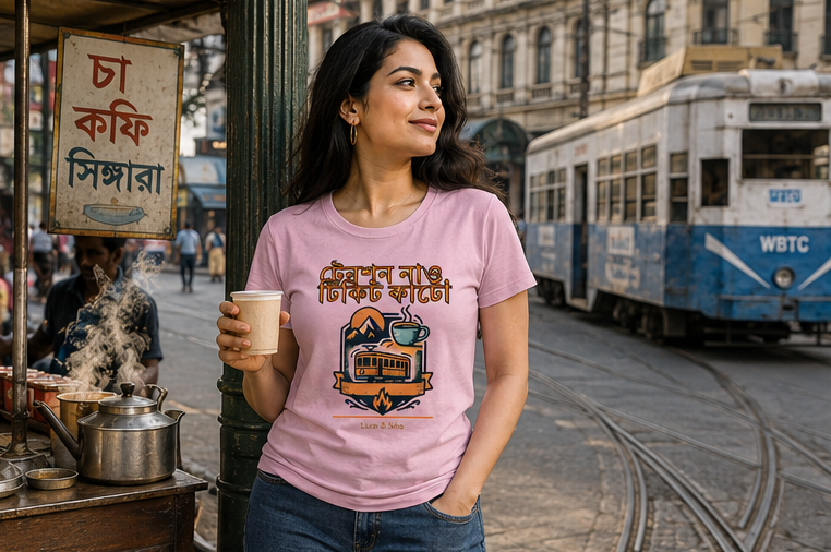 LUCE & SETE GPT mockup 1 - Bengali Tram & Coffee Classic Graphic T-Shirt for Women | Casual Bengali Streetwear - 476_9391400911085_womens-classic-t-shirt-55_BENGALI_GRID_20260605_064354_01_row1_col1.png