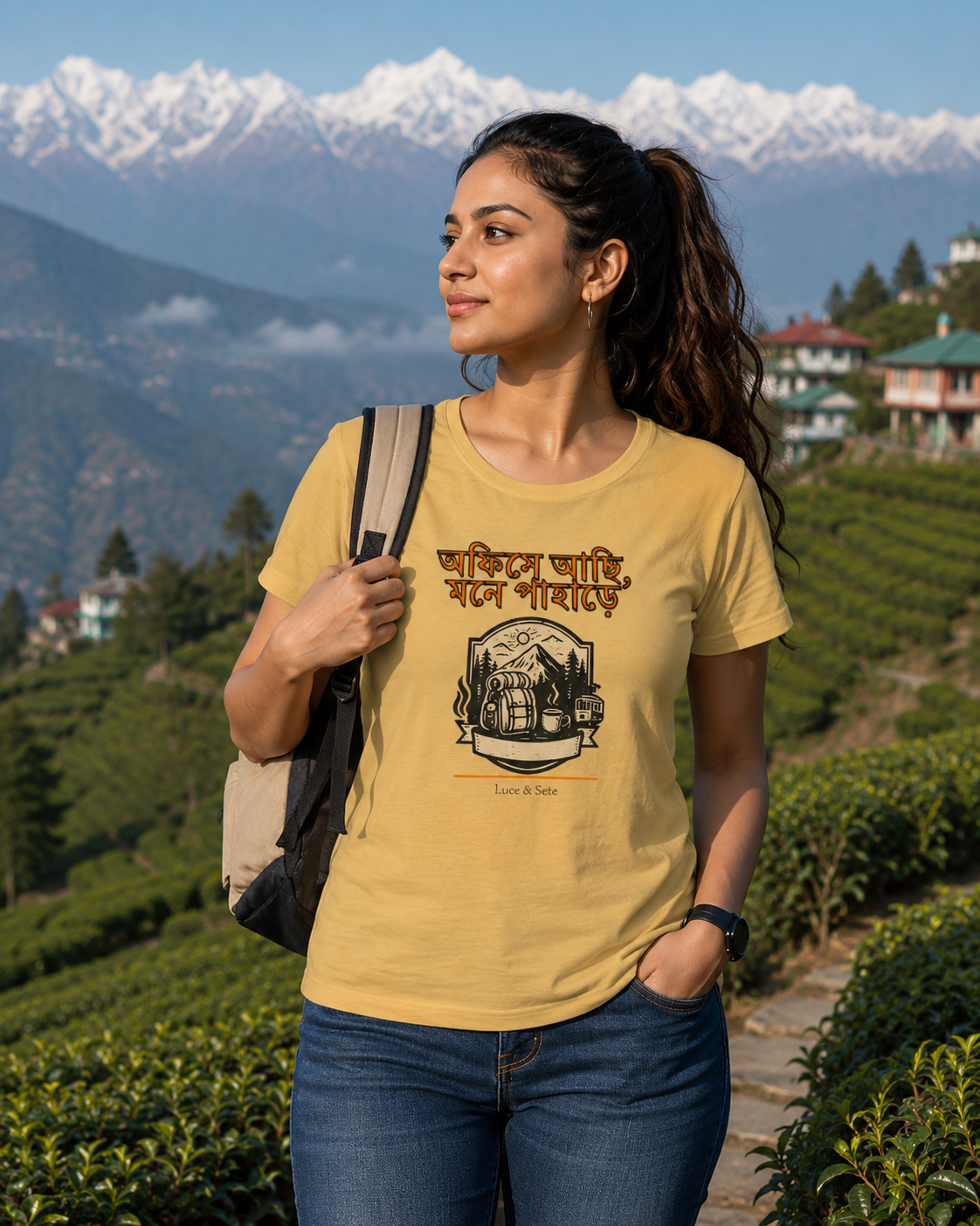 LUCE & SETE GPT mockup 1 - অফিসে আছি, মনে পাহাড়ে Classic Graphic T-Shirt for Women | Bengali Travel Freedom - 476_9391402909933_womens-classic-t-shirt-60_BENGALI_front_HERO_20260605_071259.png