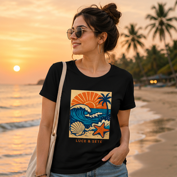 LUCE & SETE GPT mockup 1 - Beach Sunset Graphic Classic T-Shirt for Women | Coastal Travel Streetwear - 481_9390890909933_womens-classic-t-shirt-17_TRAVEL_GRID_20260604_115713_01_row1_col1.png