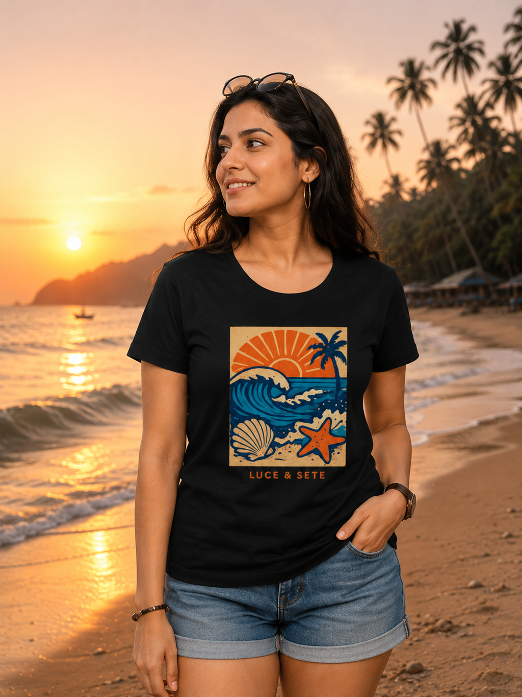 LUCE & SETE GPT mockup 1 - Beach Sunset Graphic Classic T-Shirt for Women | Coastal Travel Streetwear - 481_9390890909933_womens-classic-t-shirt-17_TRAVEL_front_HERO_20260604_130738.png