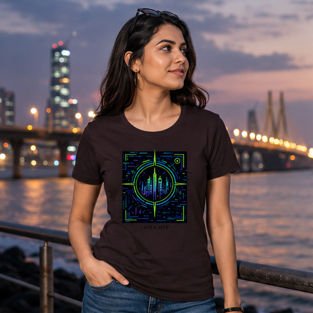 LUCE & SETE GPT mockup 1 - Futuristic City Compass Classic Graphic T-Shirt for Women | Travel Streetwear - 489_9390893138157_womens-classic-t-shirt-25_TRAVEL_GRID_20260604_130852_01_row1_col1.png