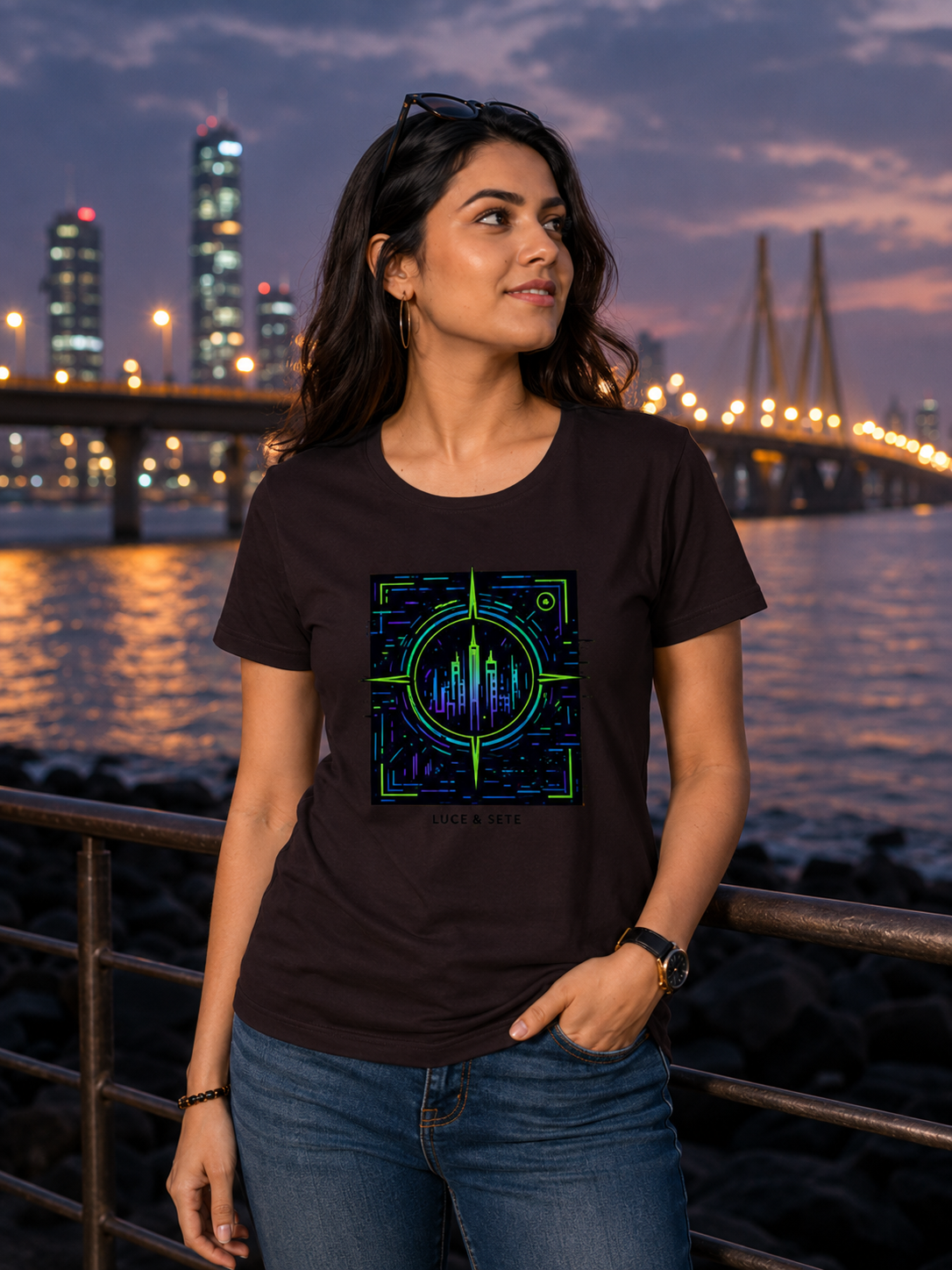 LUCE & SETE GPT mockup 1 - Futuristic City Compass Classic Graphic T-Shirt for Women | Travel Streetwear - 489_9390893138157_womens-classic-t-shirt-25_TRAVEL_front_HERO_20260604_131042.png