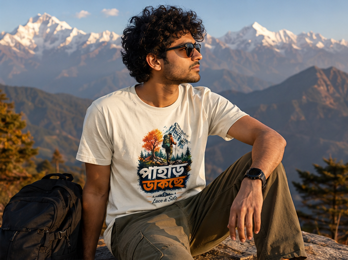 LUCE & SETE GPT mockup 1 - পাহাড় ডাকছে Classic Graphic T-Shirt for Men | Bengali Adventure Streetwear - 520_9391630123245_unisex-classic-crew-t-shirt-62_BENGALI_GRID_20260605_214326_02_row1_col2.png
