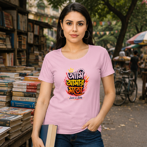 LUCE & SETE GPT mockup 1 - আমি আমার মতো Classic Graphic T-Shirt for Women | Bengali Pride Streetwear - 520_9391633531117_womens-classic-t-shirt-62_BENGALI_GRID_20260606_092255_01_row1_col1.png