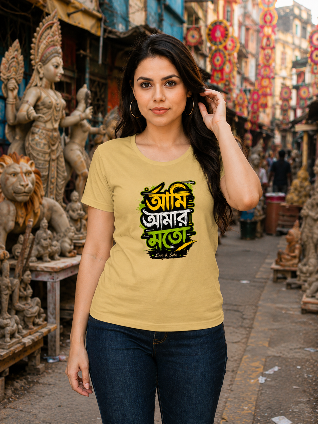 LUCE & SETE GPT mockup 1 - আমি আমার মতো Classic Graphic T-Shirt for Women | Bengali Pride Streetwear - 520_9391633563885_womens-classic-t-shirt-63_BENGALI_front_HERO_20260606_092707.png