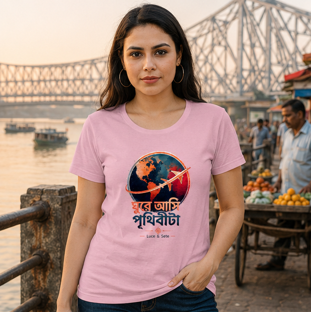 LUCE & SETE GPT mockup 1 - ঘুরে আসি পৃথিবীটা Bengali Travel Classic Graphic T-Shirt for Women | Wanderlust Streetwear - 520_9391633596653_womens-classic-t-shirt-64_BENGALI_GRID_20260606_092815_01_row1_col1.png