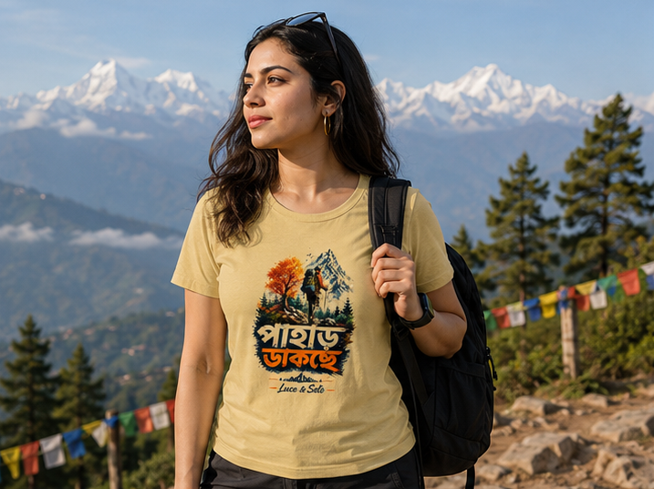 LUCE & SETE GPT mockup 1 - পাহাড় ডাকছে Mountain Graphic Classic T-Shirt for Women | Bengali Adventure Streetwear - 520_9391633662189_womens-classic-t-shirt-65_BENGALI_GRID_20260606_093120_01_row1_col1.png