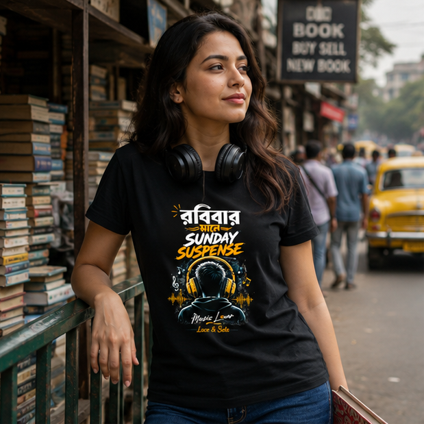 LUCE & SETE GPT mockup 1 - Sunday Suspense Music Lover Classic Graphic T-Shirt for Women | Bengali Music Streetwear - 520_9391633727725_womens-classic-t-shirt-66_BENGALI_GRID_20260606_093452_01_row1_col1.png