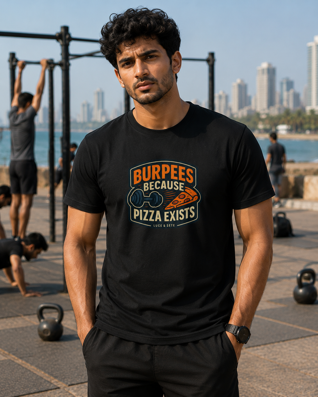 LUCE & SETE GPT mockup 1 - Burpees Because Pizza Exists Classic Graphic T-Shirt for Men | Fitness Humor Streetwear - 520_9391800647917_unisex-classic-crew-t-shirt-65_NO_EXCUSES_front_HERO_20260605_221251.png